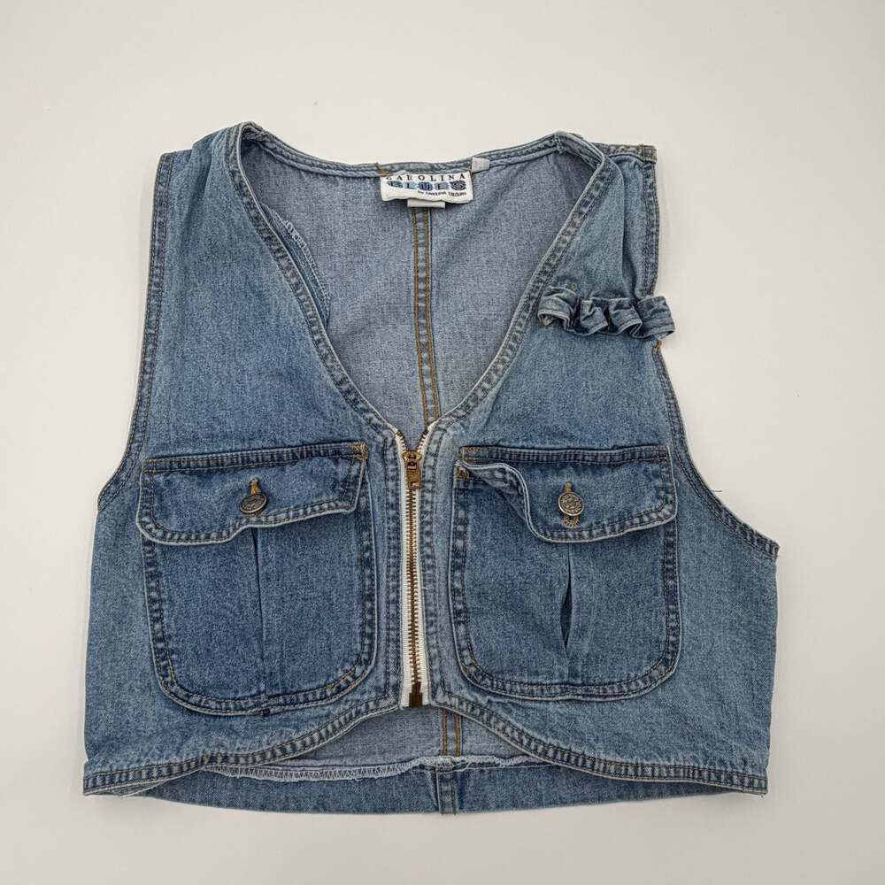 Vintage Carolina Blues Denim Vest Womens Medium Made In USA Zip Grunge